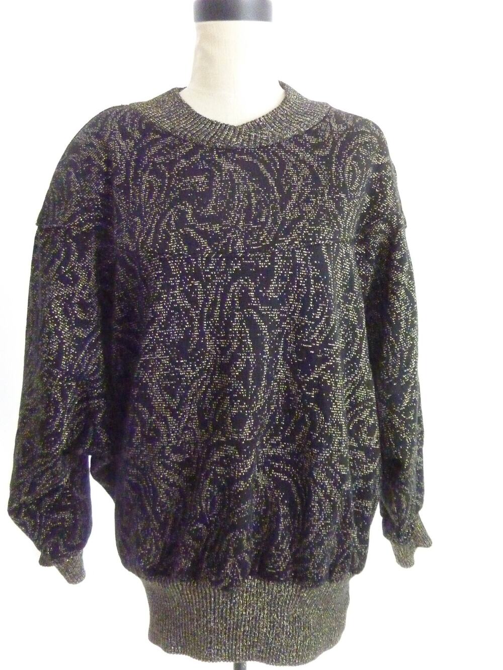 ON THE ROCKS Vintage Womens Sweater M Black Gold Metallic Knit Paisley Sweater